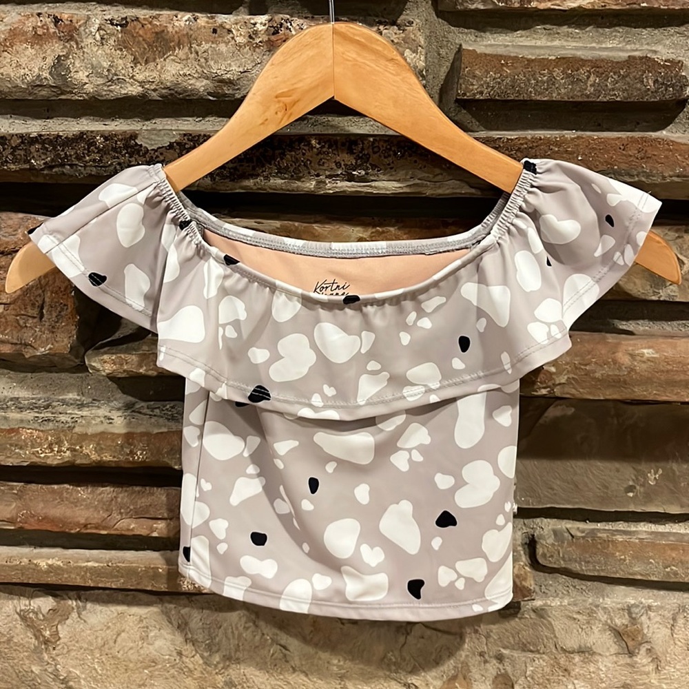 Kortni Jeane Ruffled Around Top Tankini Swim Top Grey Polka Dot